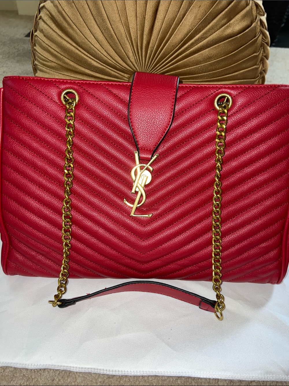 Red Quilted Leather Tote with Gold Chain and Logo